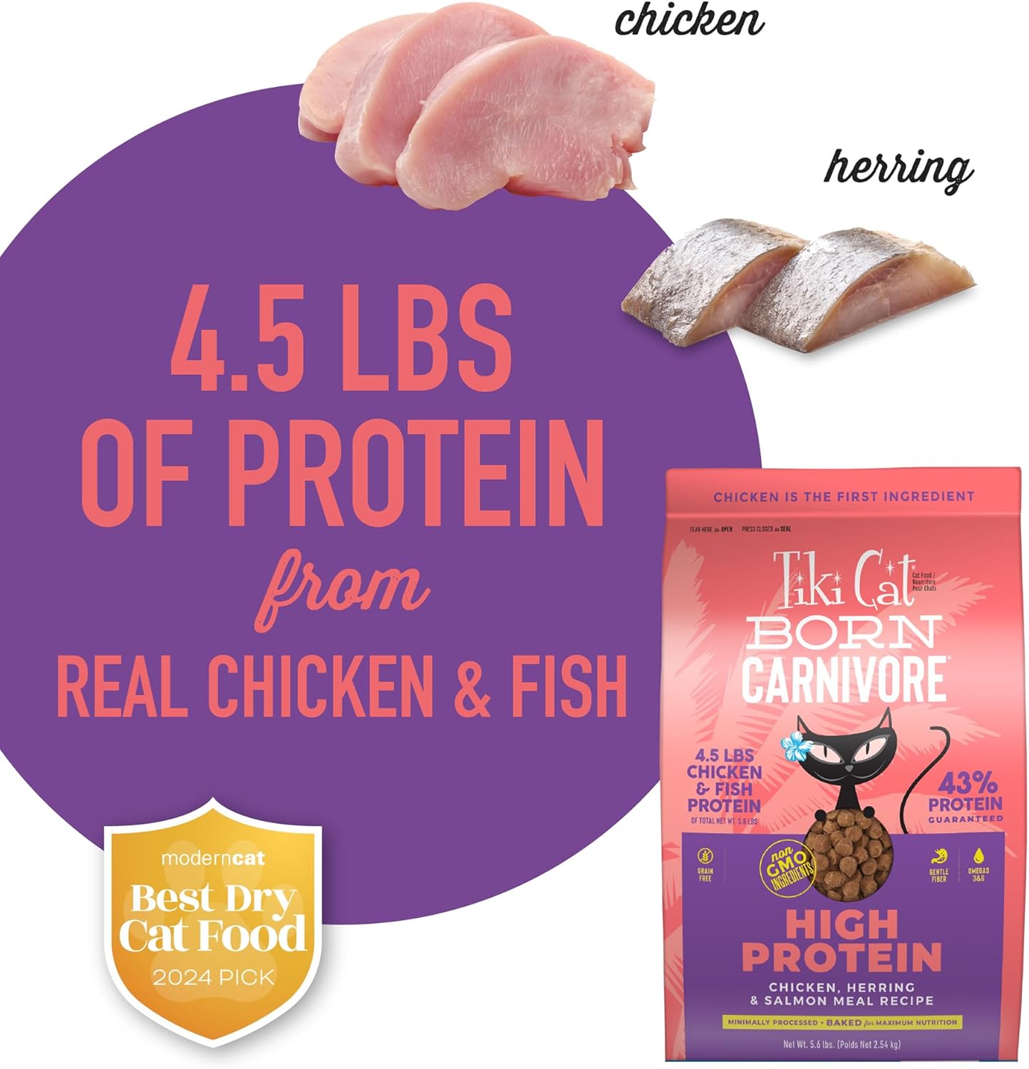 Born Carnivore High Protein, Chicken, Herring & Salmon Meal, Grain-Free Baked Kibble to Maximize Nutrients, Dry Cat Food