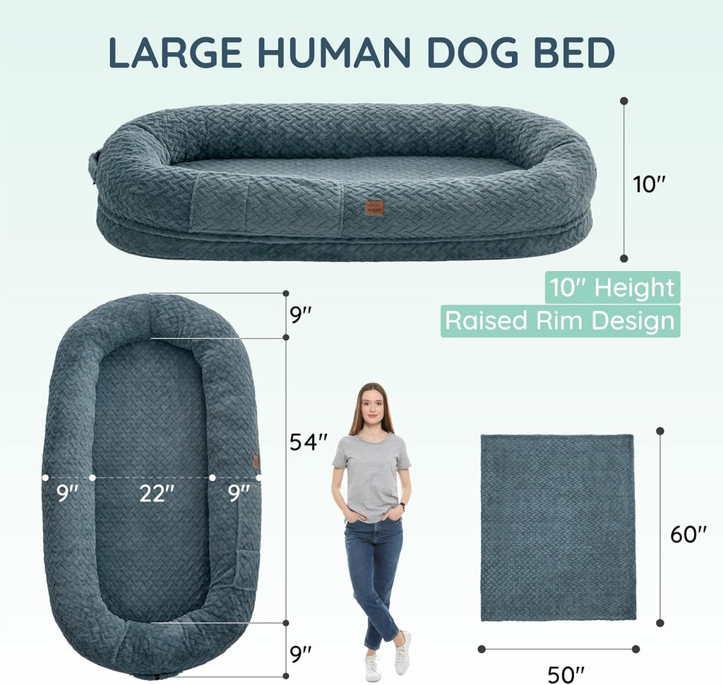 Click to see full view      3+  7 VIDEOS Human Dog Bed for Adult - Luxury Faux Fur Giant Size Dog Bed with Portable Handle, Egg Orthopedic Foam Bed with BlanketGrayish Blue