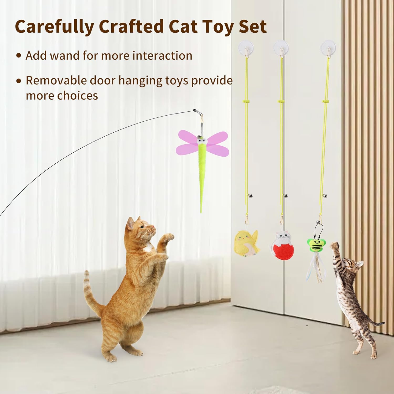 Interactive Cat Toys, 1 Interactive Wand, 8 Assorted Teaser Refills and 3 Indoor Cat Hanging Interactive Toy Suitable for Bored Adult Cats and Kittens Play Chase Exercise