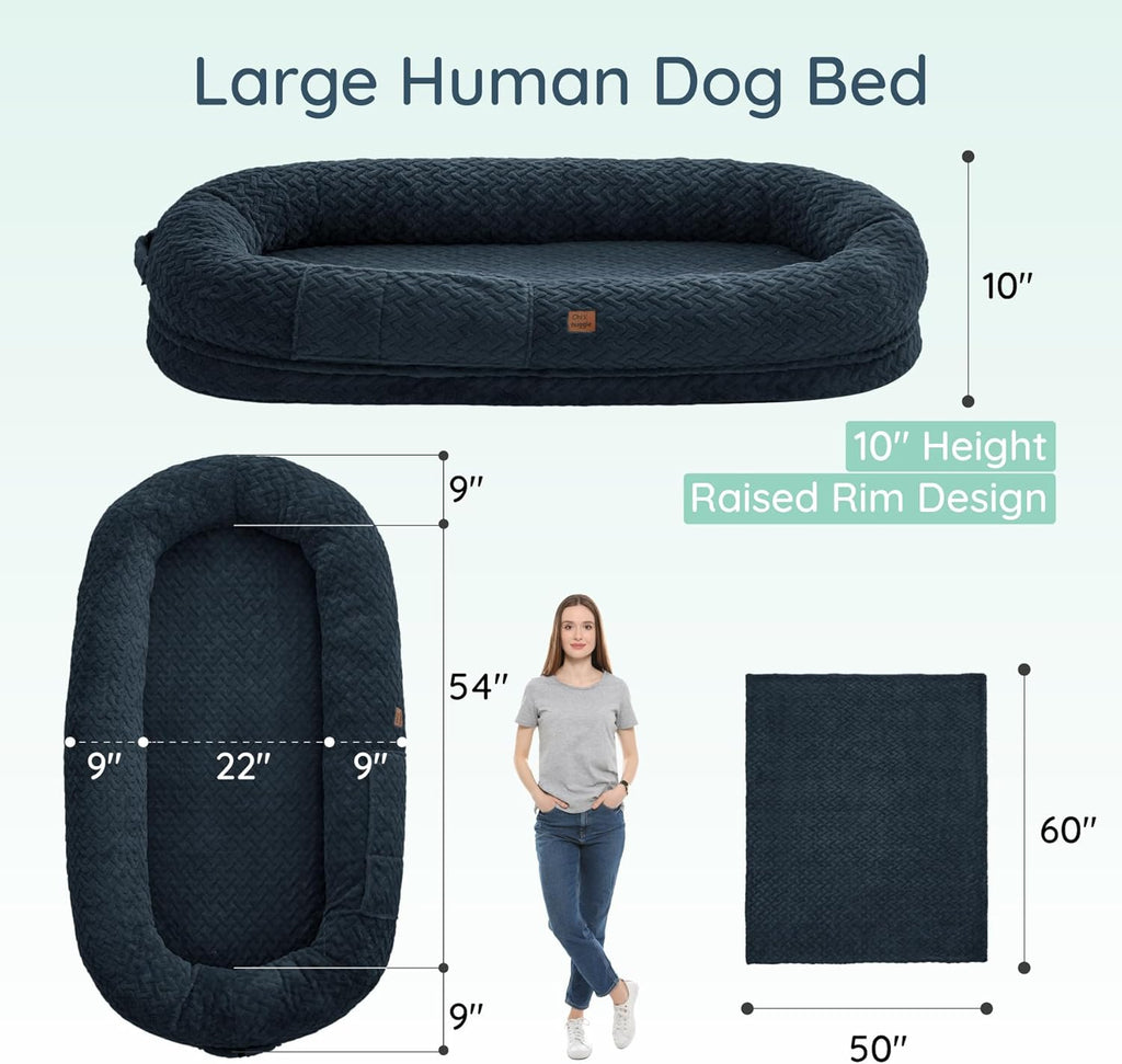 Human Dog Bed for Adult - Luxury Faux Fur Giant Size Dog Bed with Portable Handle, Egg Orthopedic Foam with Blanket,, Navy