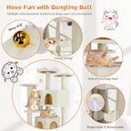 54 Inch Cat Tree Tower, Multi-Level with Cat Scratching Post, Indoor Cat Condo with Climbing Ladder, Plush Toy, Play House for Cat, Dove Beige