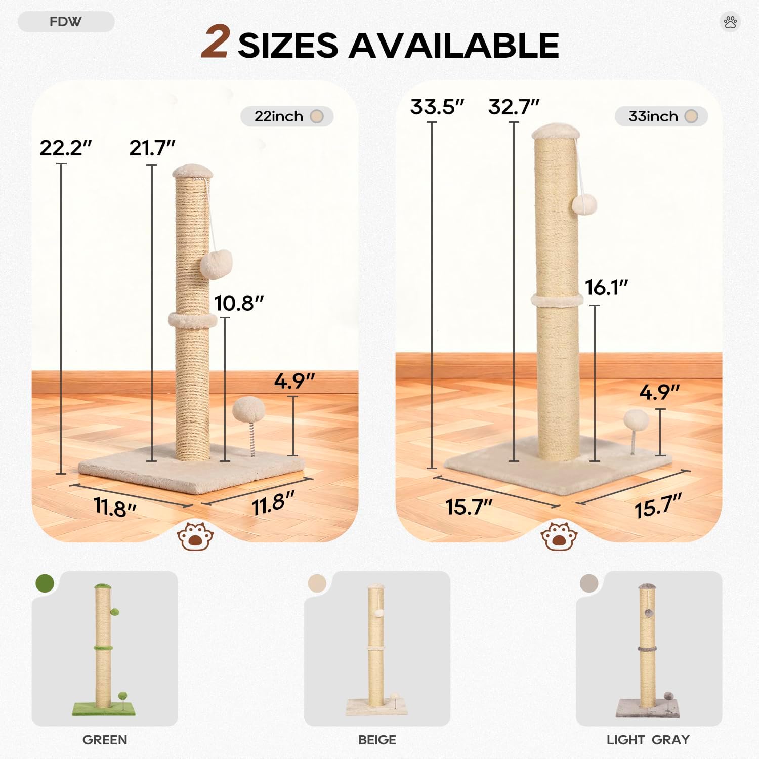 Inch Cat Scratching Post Cat Scratcher Natural Sisal Rope Scratch Post Kitten Trees with Hanging Ball for Indoor Cats,Beige