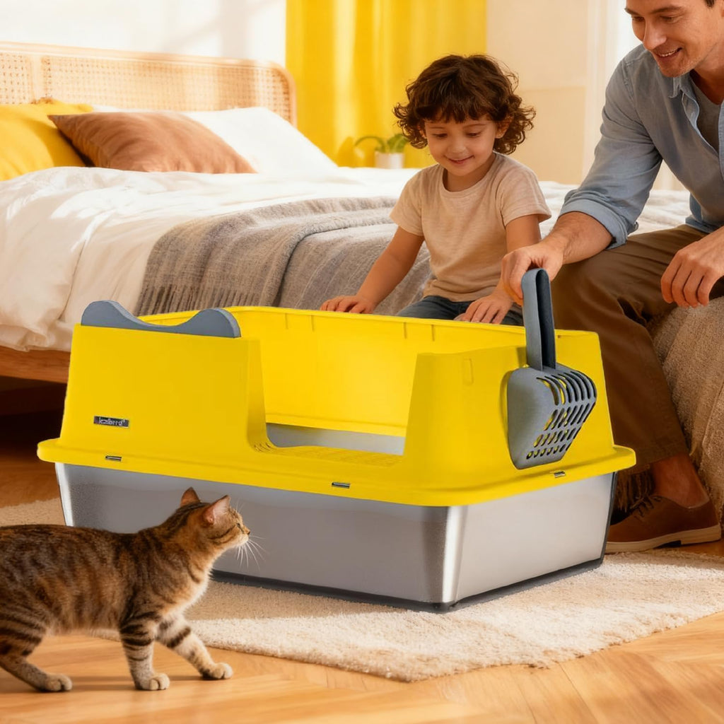 Cat Litter Box, Open Top High-Sided Metal Litter Box with Scoop, Extra Large Litter Boxes for Kitty Kitten and Big Cats, Anti-Urine Leakage, Non-Sticky, Easy to Clean (Yellow)