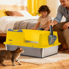 Cat Litter Box, Open Top High-Sided Metal Litter Box with Scoop, Extra Large Litter Boxes for Kitty Kitten and Big Cats, Anti-Urine Leakage, Non-Sticky, Easy to Clean (Yellow)