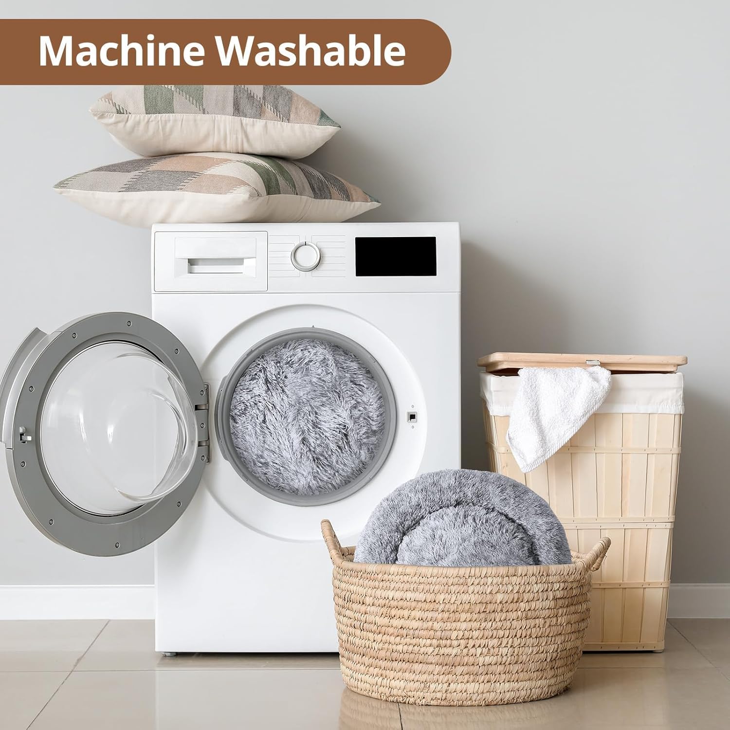 Calming Dog Bed Medium Size Dog, Anti-Anxiety Donut Medium Pet Bed, 31 inches Fluffy Faux Fur Round Cat Bed, Fits up to 45 lbs Pets (Smoke Grey)