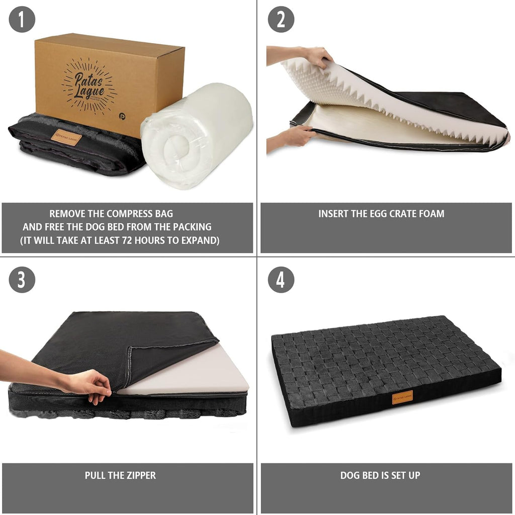 Orthopedic Dog Bed Waterproof Soft Comfortable Egg Crate Foam Large Pet Beds Crate Mat with Removable Washable Cover and Nonskid Bottom, Black