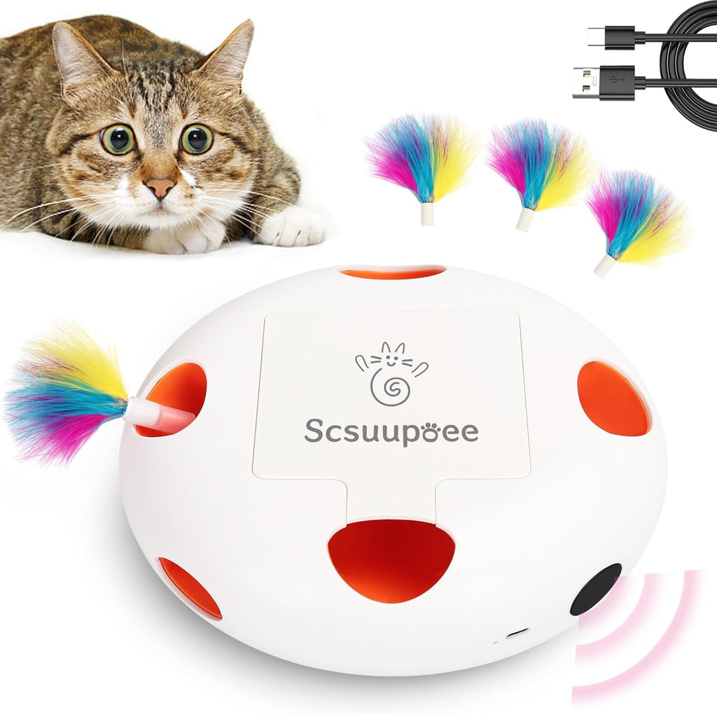 IInteractive Cat Toy, Electric Cat Toys for Moving Concealed Feathers, Smart Sensor 7 Holes Whack a Mole Feather Toy, USB Charge Automatic Kitten Toys,White
