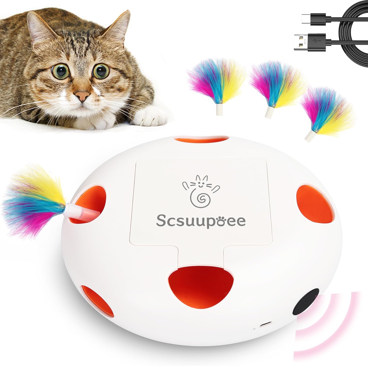 IInteractive Cat Toy, Electric Cat Toys for Moving Concealed Feathers, Smart Sensor 7 Holes Whack a Mole Feather Toy, USB Charge Automatic Kitten Toys,White