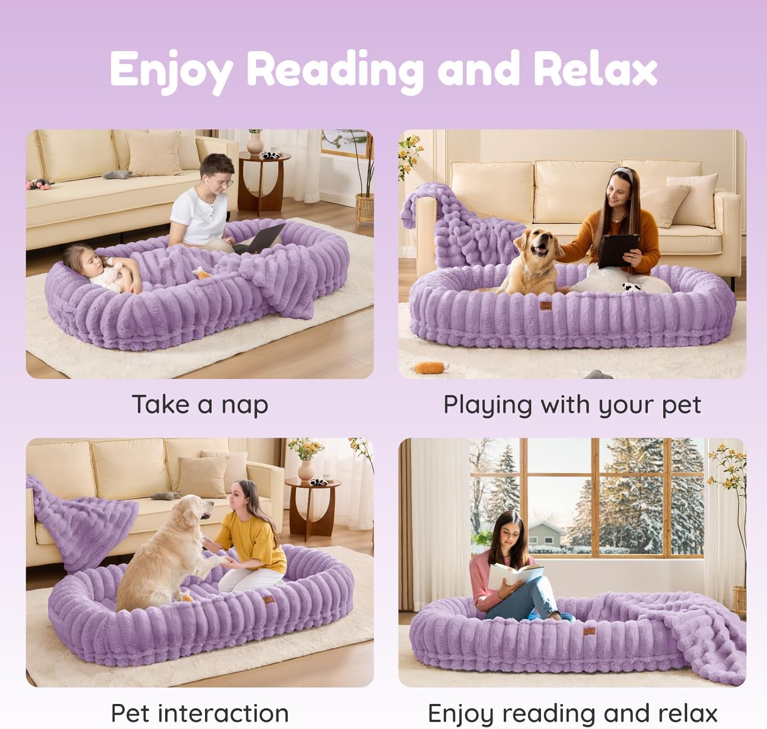 Human Dog Bed for Adult - Luxury Striped Faux Fur Giant Dog Bed with Portable Handle, Egg Orthopedic Foam Pad with Thick Blanket,, Purple