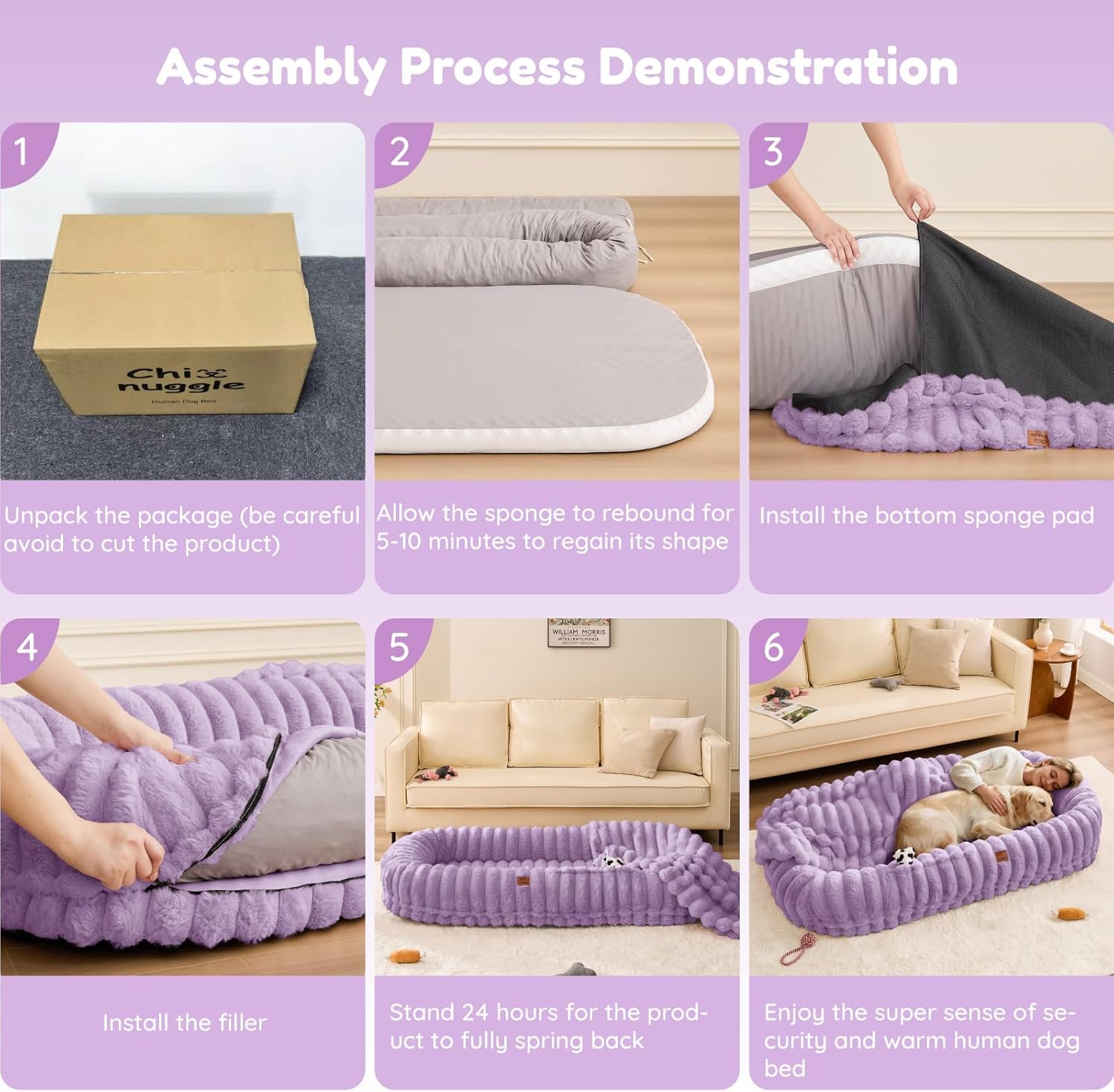 Human Dog Bed for Adult - Luxury Striped Faux Fur Giant Dog Bed with Portable Handle, Egg Orthopedic Foam Pad with Thick Blanket,, Purple