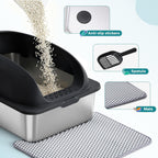 Stainless Steel Cat Litter Box with Lid, Large Cat Litter Box for Big Cats, High Wall Sides, Anti-Urine Leakage, Easy Cleaning, Scoop and Mat Included, Black