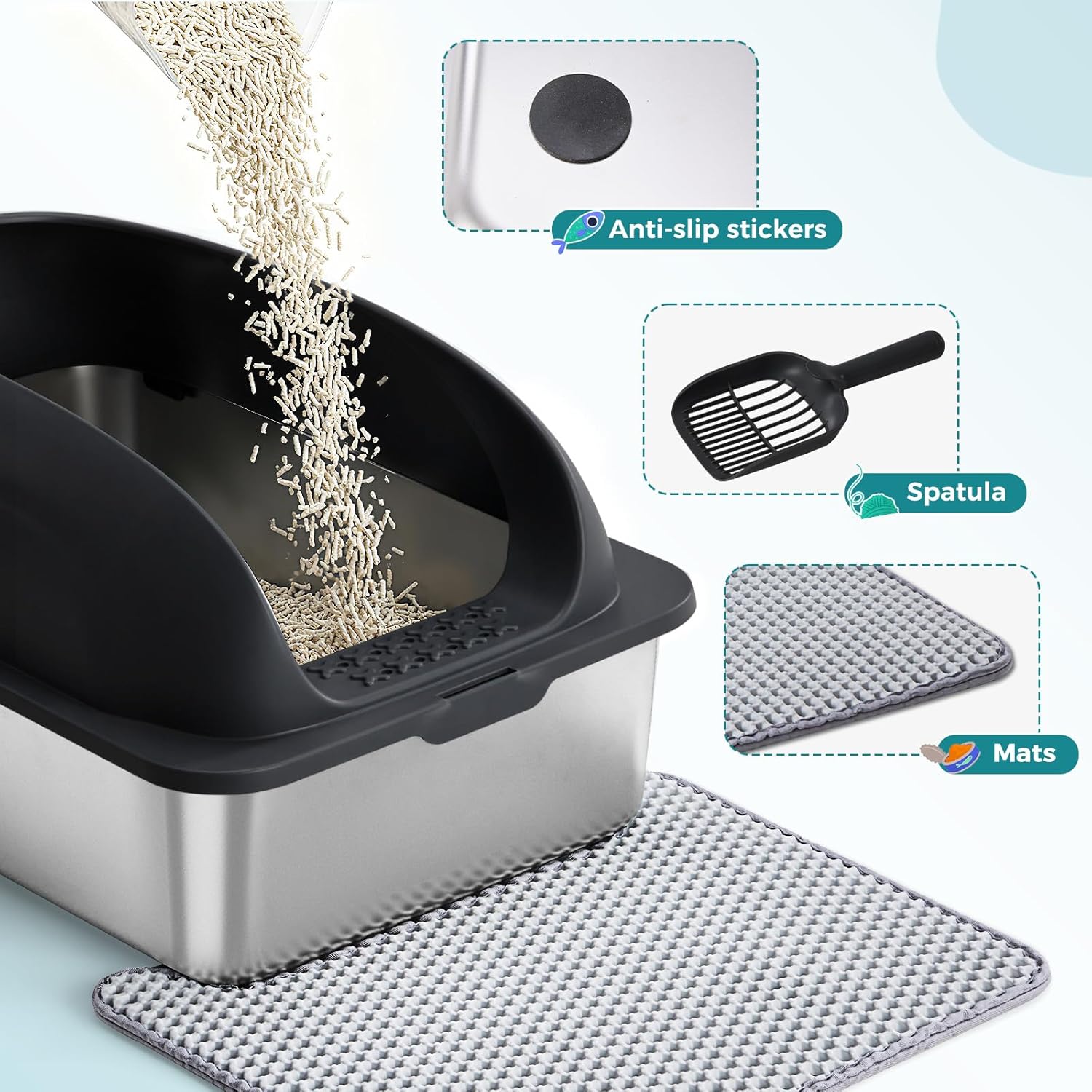 Stainless Steel Cat Litter Box with Lid, Large Cat Litter Box for Big Cats, High Wall Sides, Anti-Urine Leakage, Easy Cleaning, Scoop and Mat Included, Black