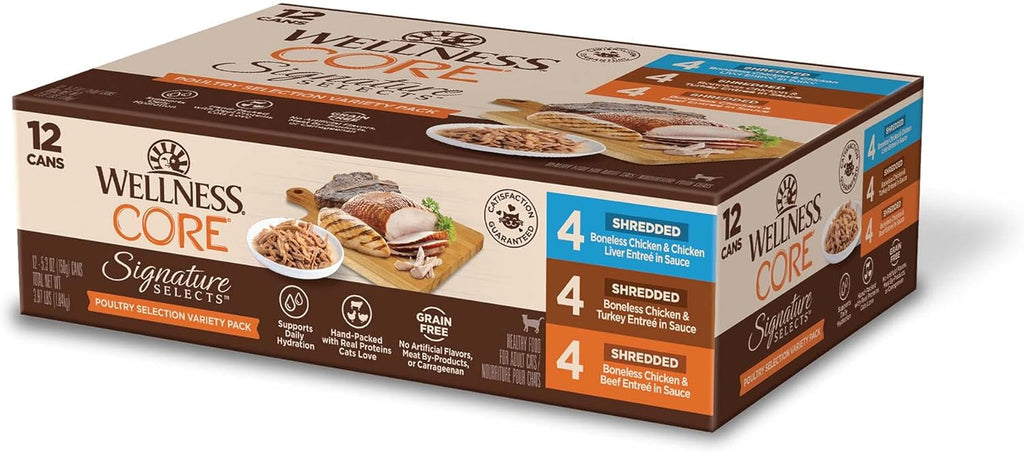 Signature Selects Shredded Adult Wet Cat Food, Natural, Protein-Rich, Grain Free, 5.3 Ounce, 12 Pack (Poultry Variety Pack)