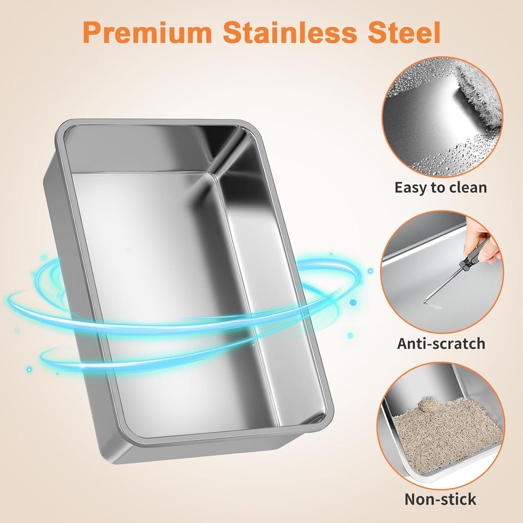 Stainless Steel Cat Litter Box with Lid 110° Flip-Top Extra Large Enclosed Litter Box Non-Sticky Metal Pan with High Sided & Scoop, Odor Free, Front & Top Entry, Anti-Leakage, Easy Cleaning