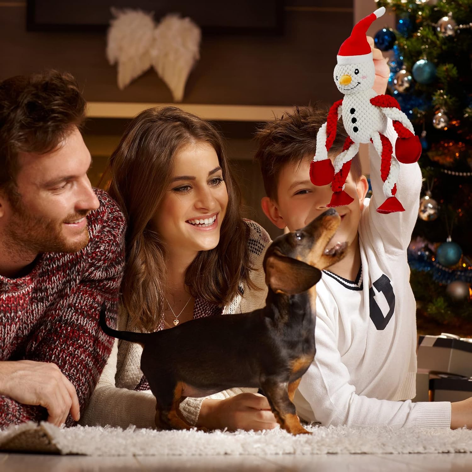 Christmas Dog Toys, Squeaky Snowman Plush with Ropes for Tug of War, Durable Interactive Chew Toys for Puppy Small Medium Large Dogs