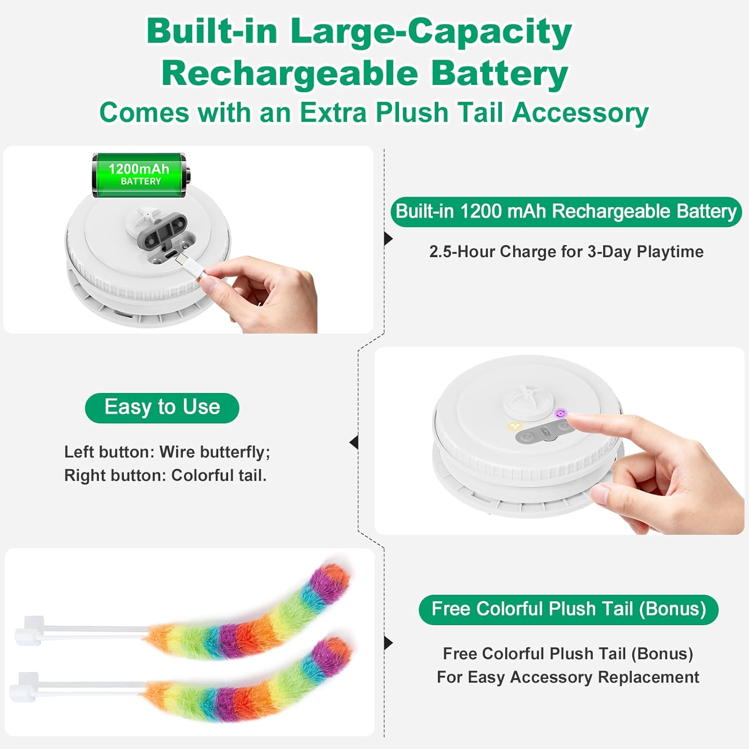 Interactive Cat Toys for Indoor Cats,[Newly Upgraded] Rechargeable Touch Activated Hide and Seek Kitten Toys for Bored Indoor Adult Cats with Fluttering (Green)