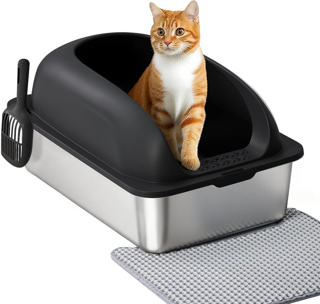 Stainless Steel Cat Litter Box with Lid, Large Cat Litter Box for Big Cats, High Wall Sides, Anti-Urine Leakage, Easy Cleaning, Scoop and Mat Included, Black
