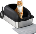 Stainless Steel Cat Litter Box with Lid, Large Cat Litter Box for Big Cats, High Wall Sides, Anti-Urine Leakage, Easy Cleaning, Scoop and Mat Included, Black