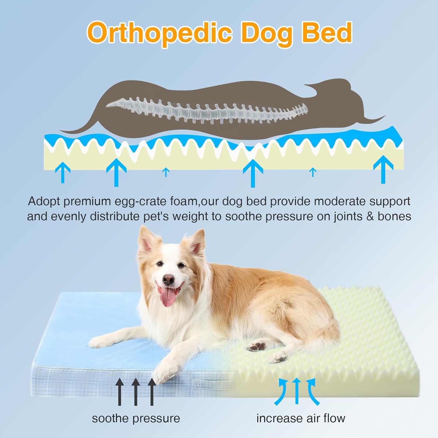 Washable Orthopedic Dog Bed for Large Dogs, L Waterproof Pet Bed with Egg Crate Foam Strong Support, Machine Washable Cover & Anti-Slip Bottom & Durable Zipper