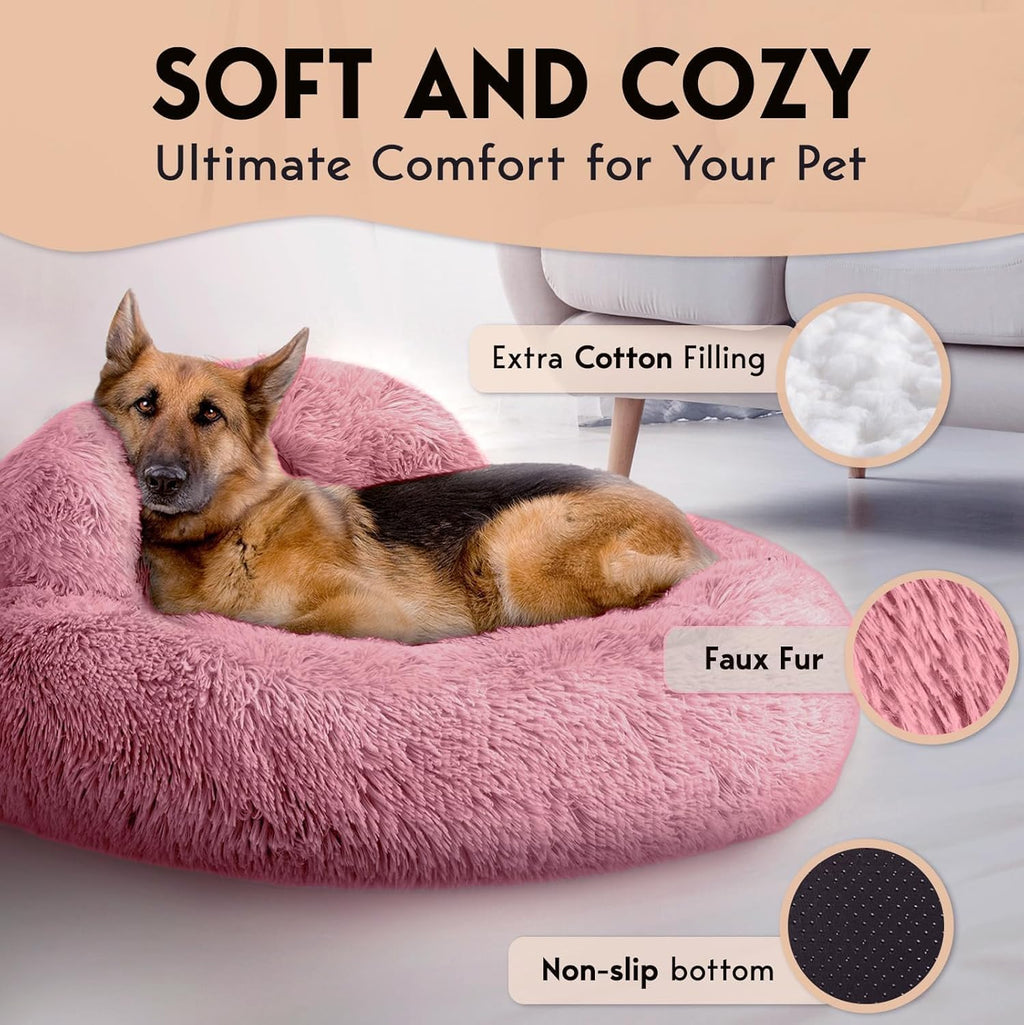 PetJett Calming Large Dog Bed -' Donut Dog Beds, Anti-Slip & Washable Large Round Bed, Fluffy Faux Fur Pet Bed, Super Soft Anti-Anxiety Premium Comfort Bed, Fits Dog - Pink
