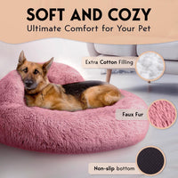 Calming Donut Dog Bed – Fluffy Faux Fur, Anti-Slip (Pink)