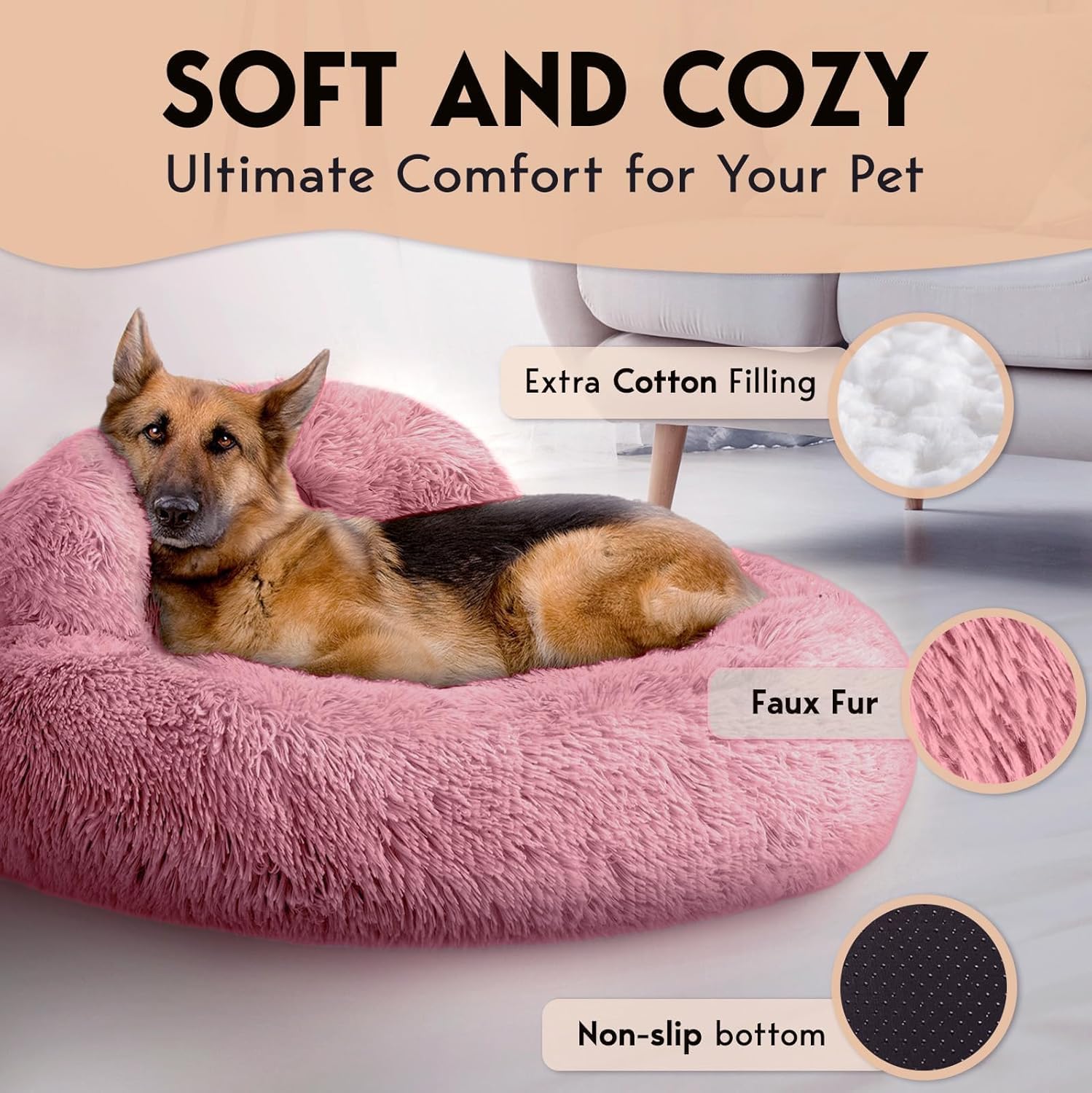 PetJett Calming Large Dog Bed -' Donut Dog Beds, Anti-Slip & Washable Large Round Bed, Fluffy Faux Fur Pet Bed, Super Soft Anti-Anxiety Premium Comfort Bed, Fits Dog - Pink
