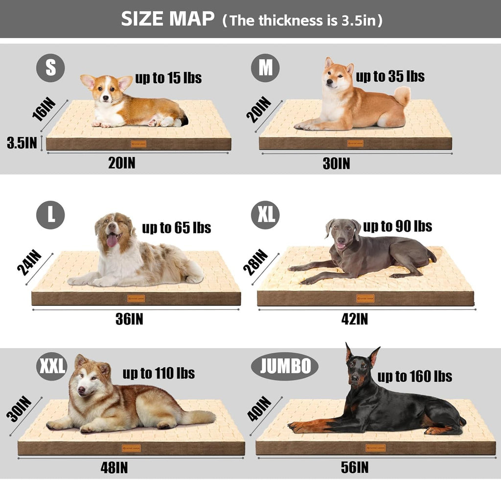 Orthopedic Dog Bed Waterproof Soft Comfortable Egg Crate Foam Large Pet Beds Crate Mat with Removable Washable Cover and Nonskid Bottom, (Brown)