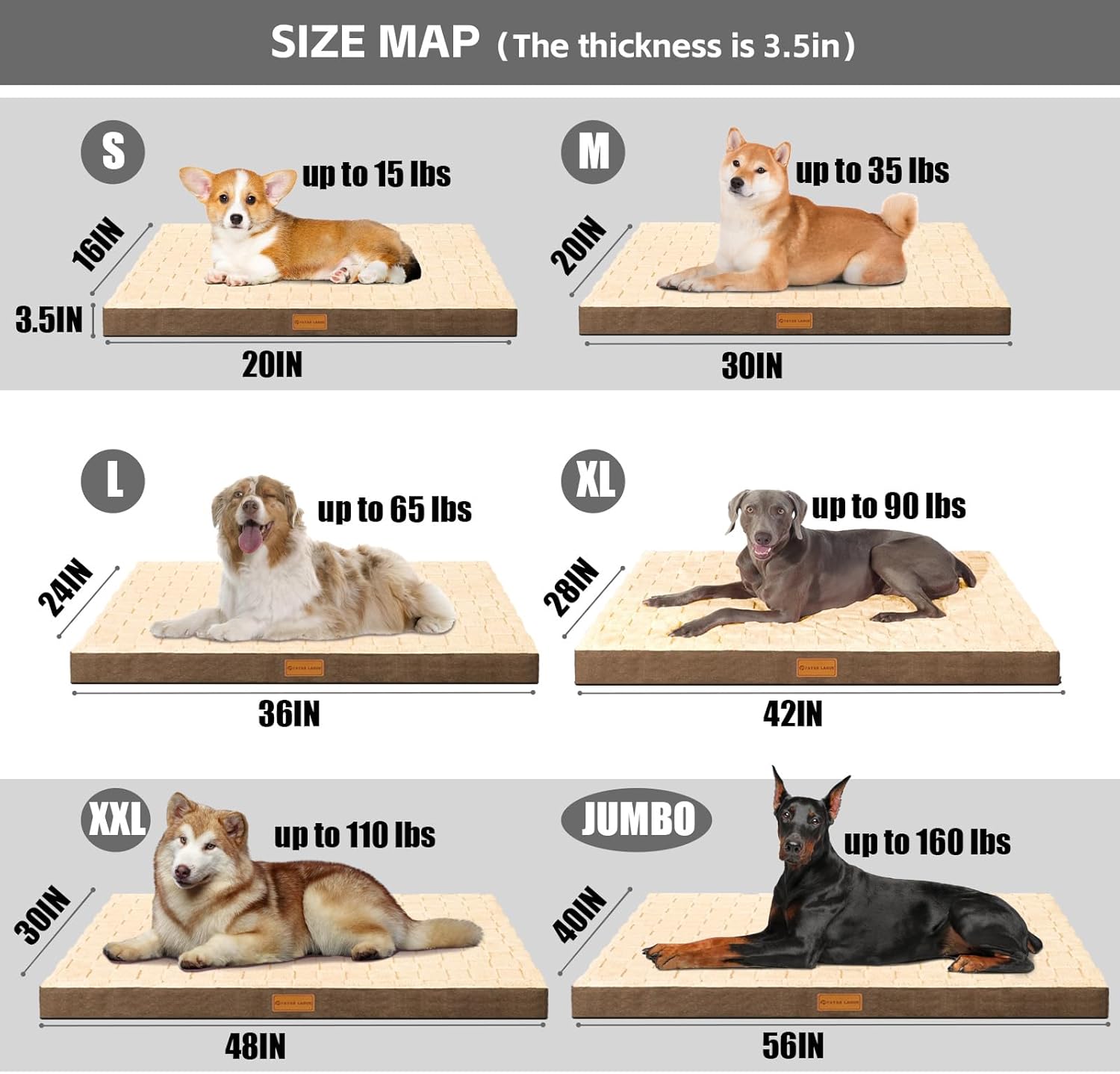 Orthopedic Dog Bed Waterproof Soft Comfortable Egg Crate Foam Large Pet Beds Crate Mat with Removable Washable Cover and Nonskid Bottom, (Brown)