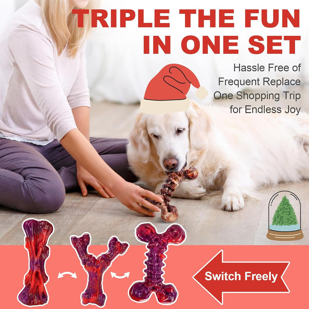 Indestructible Dog Toys for Aggressive Chewers 3-Pack: Tough Nylon Chew Toys for Medium & Large Dogs 25–80 lbs, Beef Flavor, Heavy-Duty Dog Chew Bone, Holiday Dog Gift (Red)