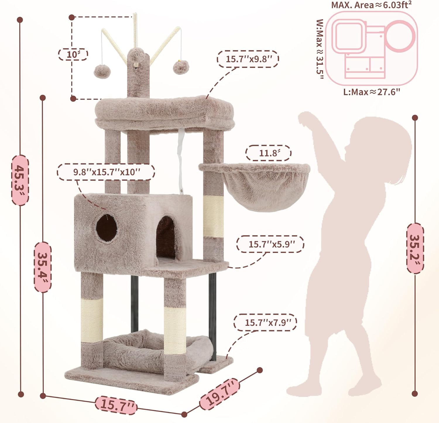 Cat Tree, 45.3-Inch Cat Tower for Indoor Cats with Large Perch, All-in-One Cat Furniture with Cozy Bed, Hidden Space Cat Condo, Comfy Hammock, Scratching Posts & 3 Pompoms, Muchroom