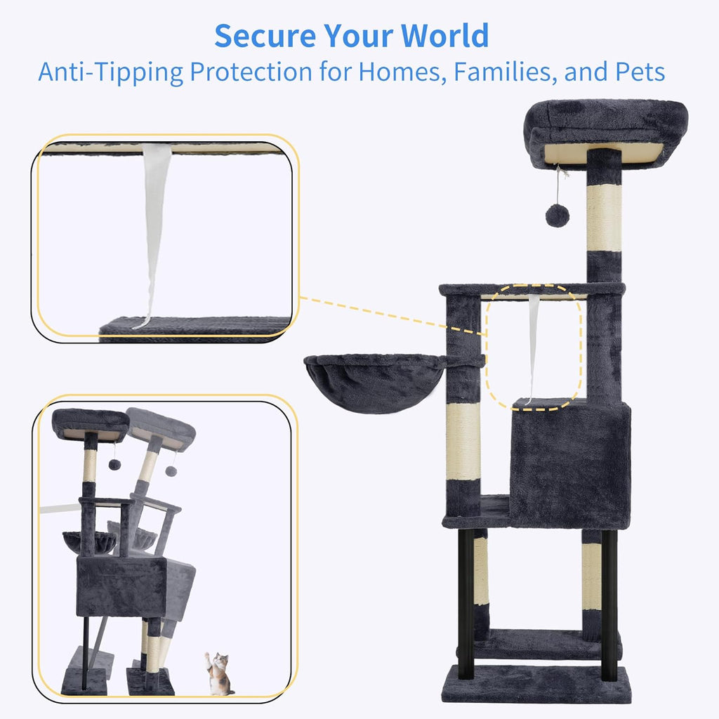 Cat Tree, 49.2 Inches Cat Tower for Indoor Cats, Spacious Cat House Condo with Hidden Space，Sturdy Steel Tube，Soft Plush Top Perch，Cozy Hammock and Sisal Scratching Posts, Smoky Gray