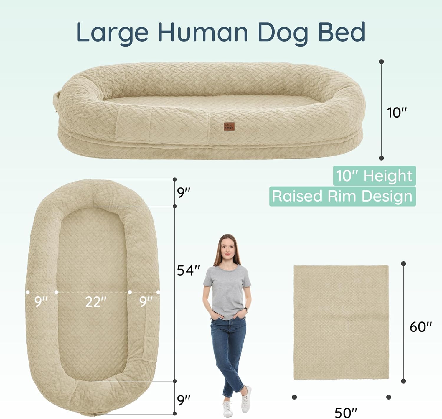 Human Dog Bed for Adult - Luxury Faux Fur Giant Size Dog Bed with Portable Handle, Egg Orthopedic Foam Bed with Blanket,, Linen