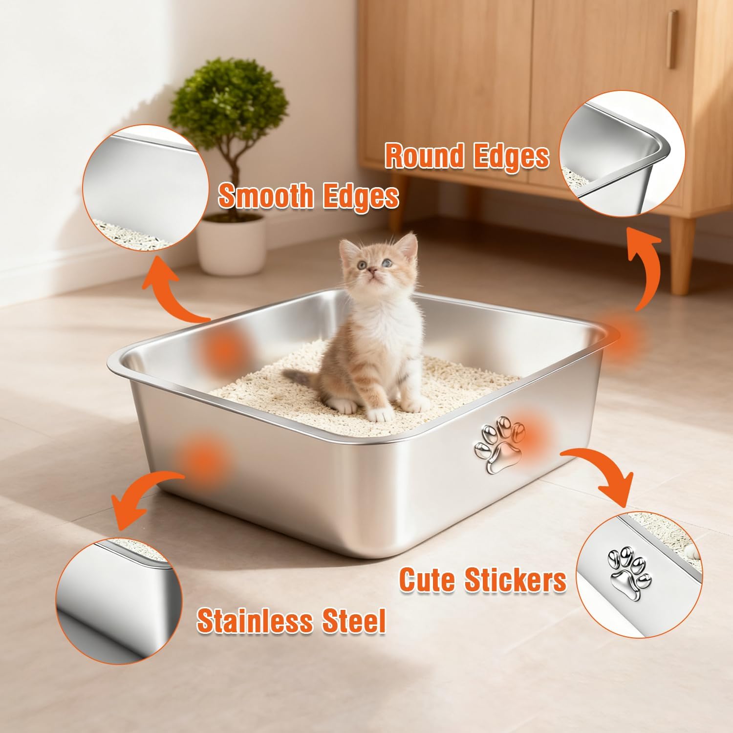 Steel Litter Box, Metal Cat Litter Box with High Sides, Never Absorbs Odors, Non-Stick, Easy to Clean, Small Litter Tray for Kittens, Litter Tray