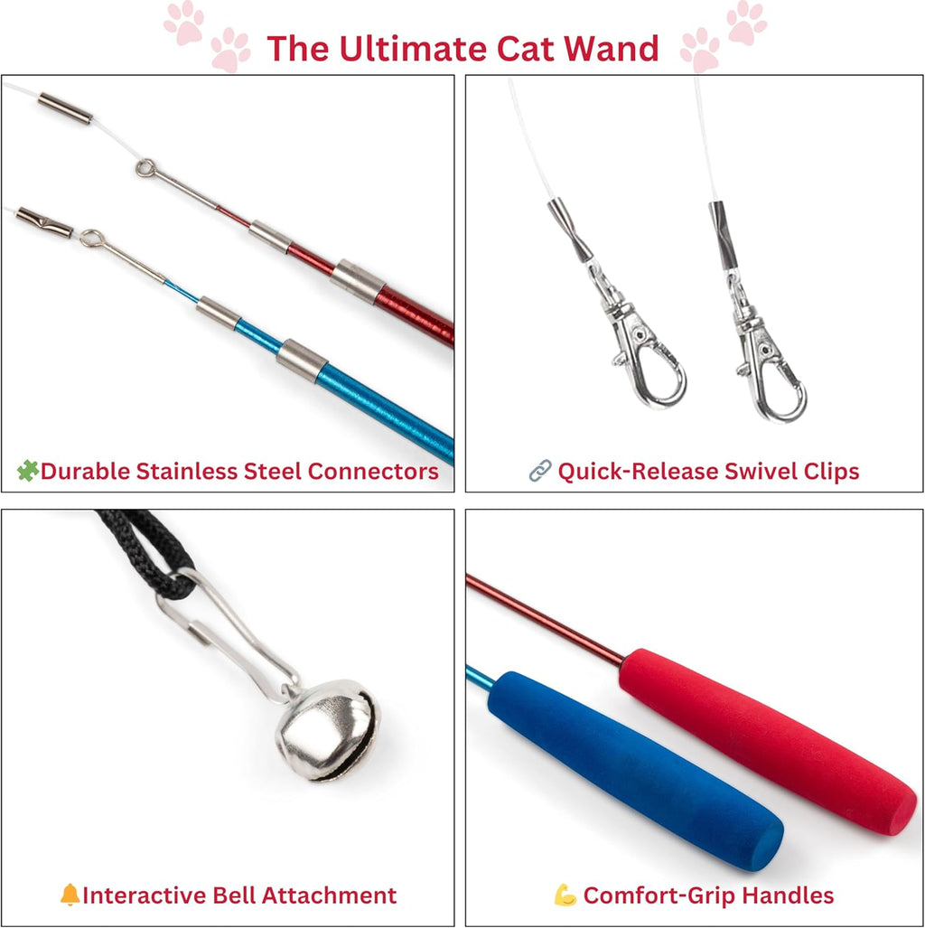 Interactive Cat Toys - Retractable Feather Wand with Refill Set 12PCS - Perfect for Indoor Cats to Chase, Exercise & Bond with Their Owners