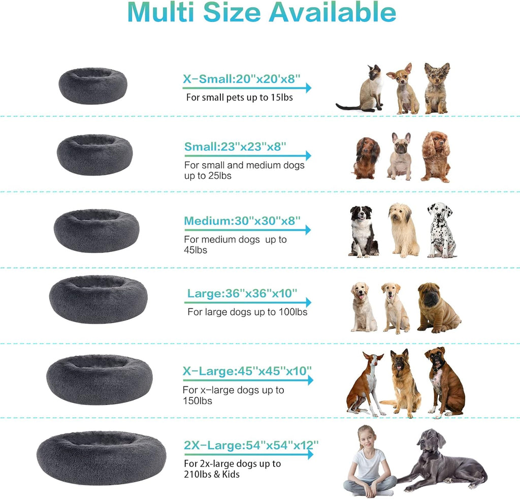 Plush Calming Donut Dog Beds for Small Dogs, Medium, Large & X-Large Breeds, Comfy Cuddler Dog Bed and Cat Bed in Faux Fur, Washable, Multiple Sizes S-XXL