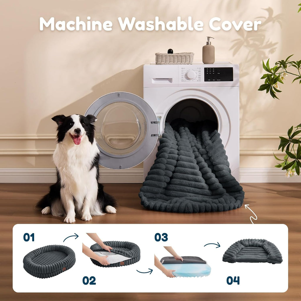 Dog Bed - Luxury Striped Faux Fur Waterproof Pet Couch with Removable Washable Cover, Orthopedic Dog Bed with Bolster Sides for Sleeping, Dark Grey