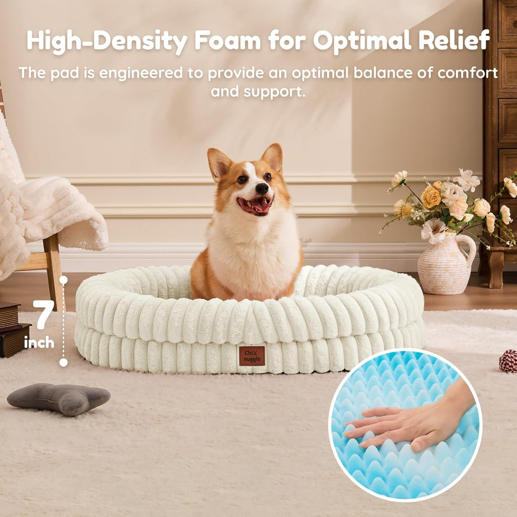 Human Dog Bed for Adult - Luxury Striped Faux Fur Giant Dog Bed with Portable Handle, Egg Orthopedic Foam Pad with Thick Blanket, , Cream