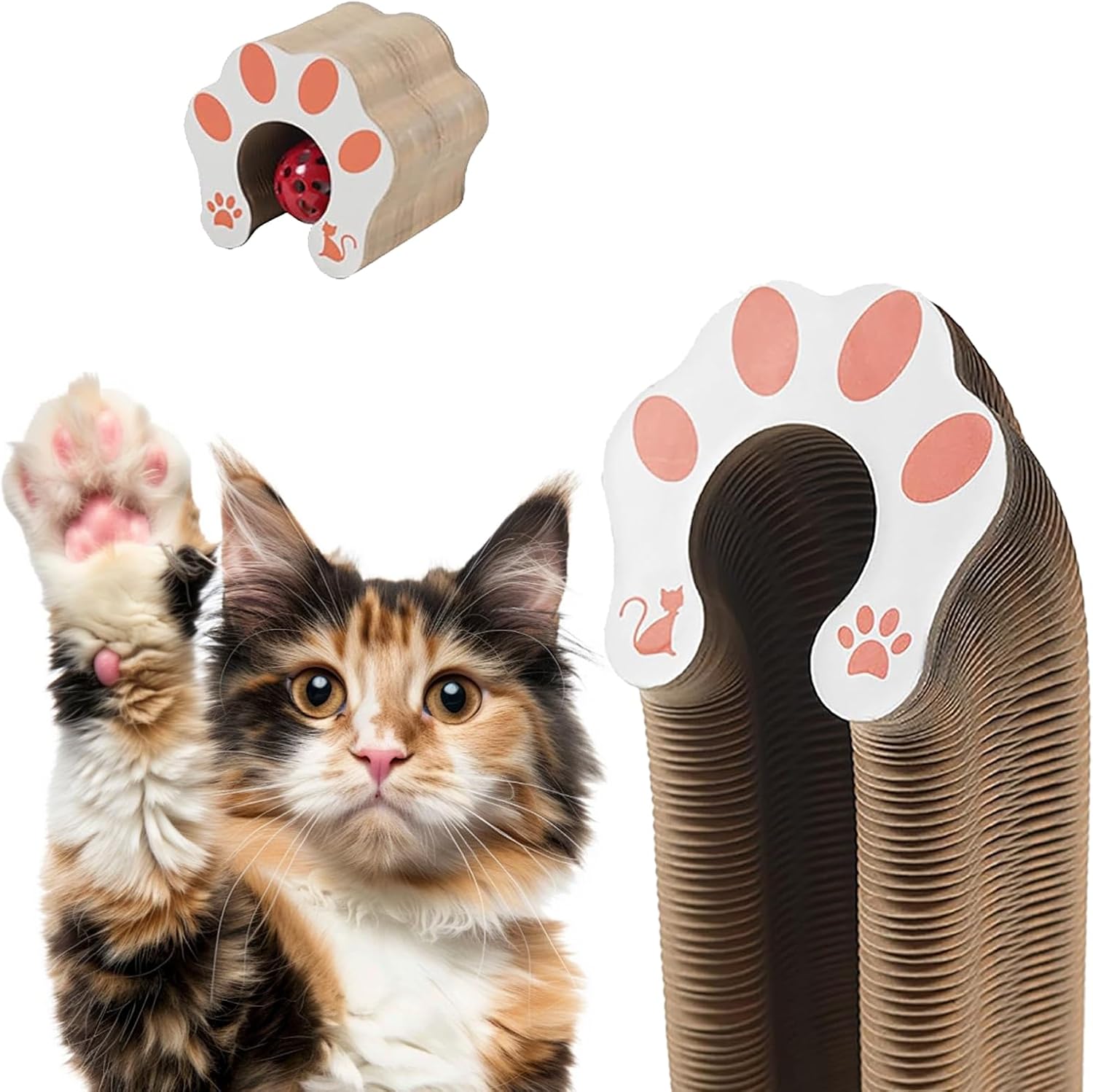 2-Pack Kitty Kurls Cat Scratcher – Foldable Magic Organ Cat Scratcher Board, Reversible Corrugated Cardboard Kitty Scratching Toy with 2 Bell Balls for Indoor Exercise
