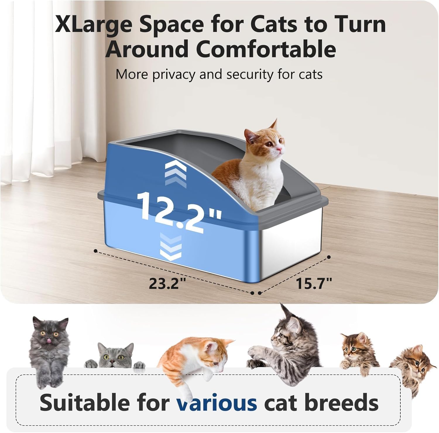 Steel Litter Box, Extra Large Litter Boxes for Big Cats, XL Metal Cat Litter Box with Lid, Anti-Urine Leakage, Non-Sticky, Include Cat Mat and Litter Scoop