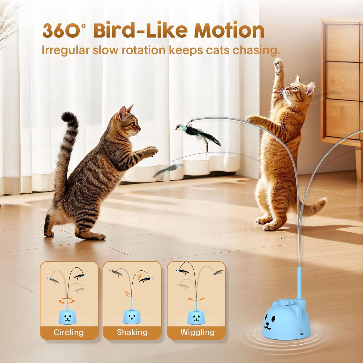 Interactive Cat Toys for Indoor Cats: Upgraded 360° Automatic Spin Flying Bird Feather Wand with Silicone Protected Rod Safe Play, Strong 8cm Suction Cup, USB-Rechargeable for Bored Kittens and Adult