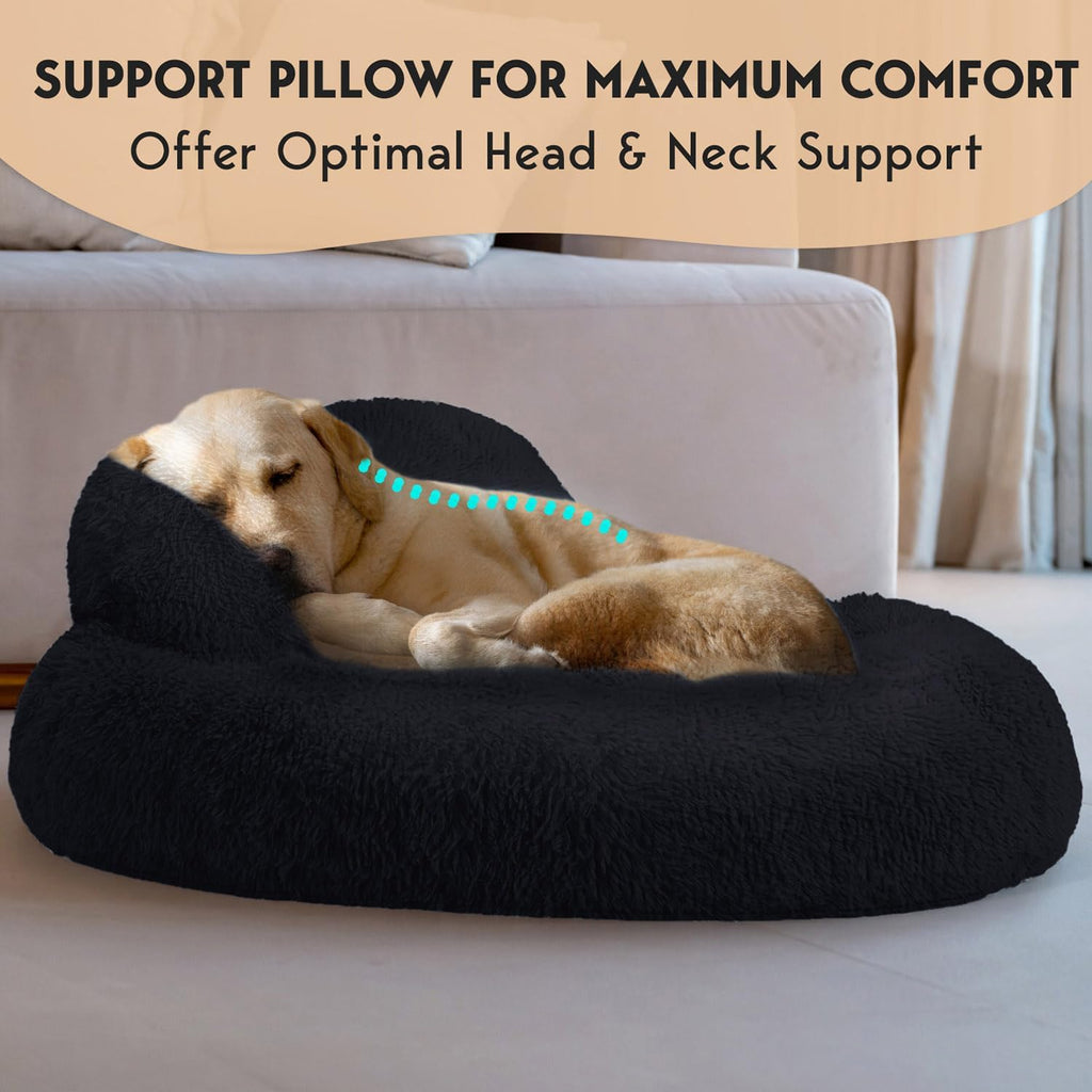 PetJett Calming Dog Beds Large Sized Dog -  Round Bed, Anti-Slip & Washable Super Soft Donut Bed, Fluffy Faux Fur Anti-Anxiety Premium Comfort Pet Bed, Fits Dogs  - Black
