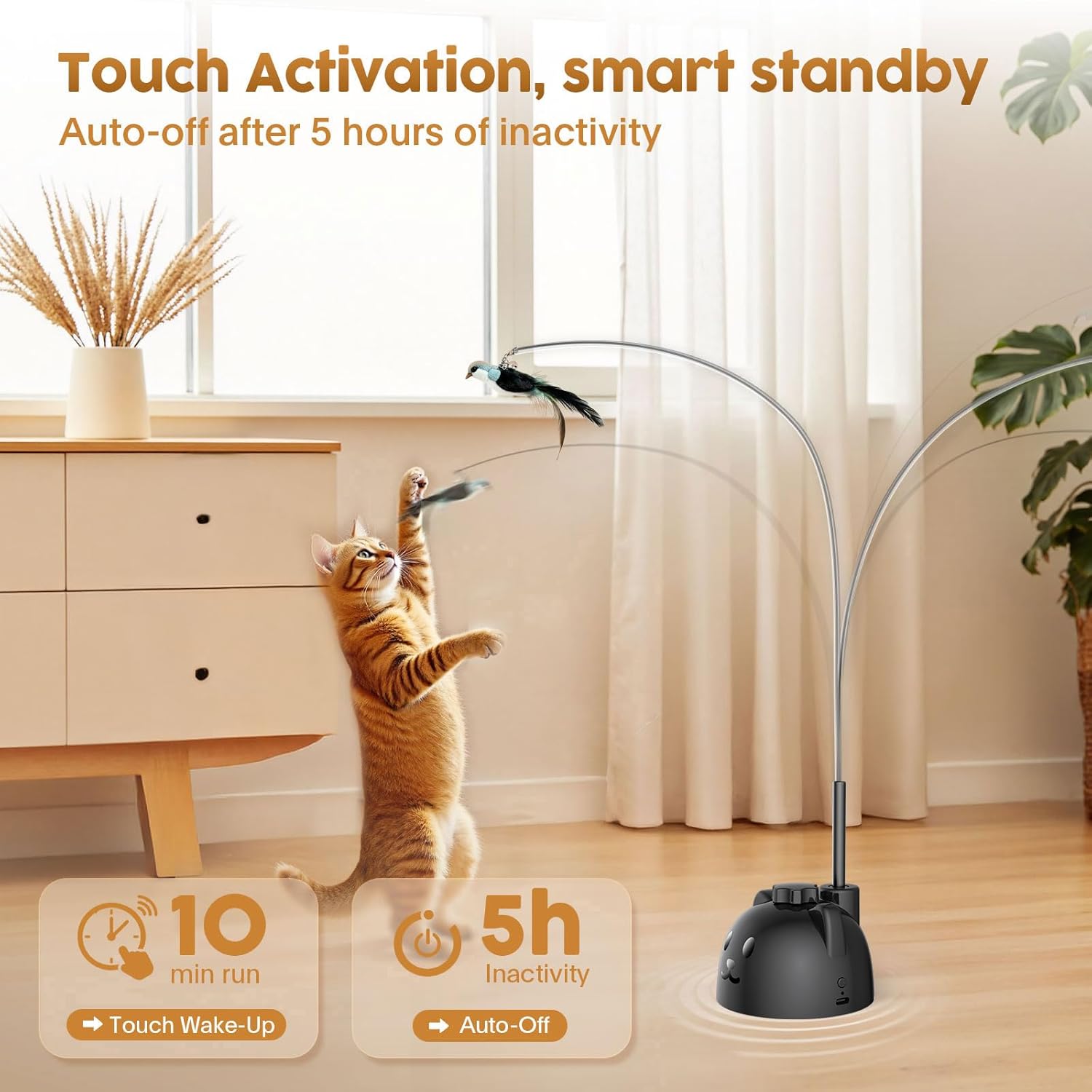 Interactive Cat Toys for Indoor Cats: Upgraded 360° Automatic Spin Flying Bird Feather Wand with Silicone Protected Rod Safe Play, Strong 8cm Suction Cup, USB-Rechargeable for Bored Kittens and Adult