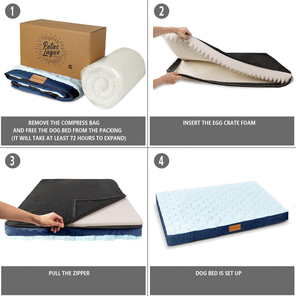 Orthopedic Dog Bed Waterproof Soft Comfortable Egg Crate Foam Large Pet Beds Crate Mat with Removable Washable Cover and Nonskid Bottom, (Blue)