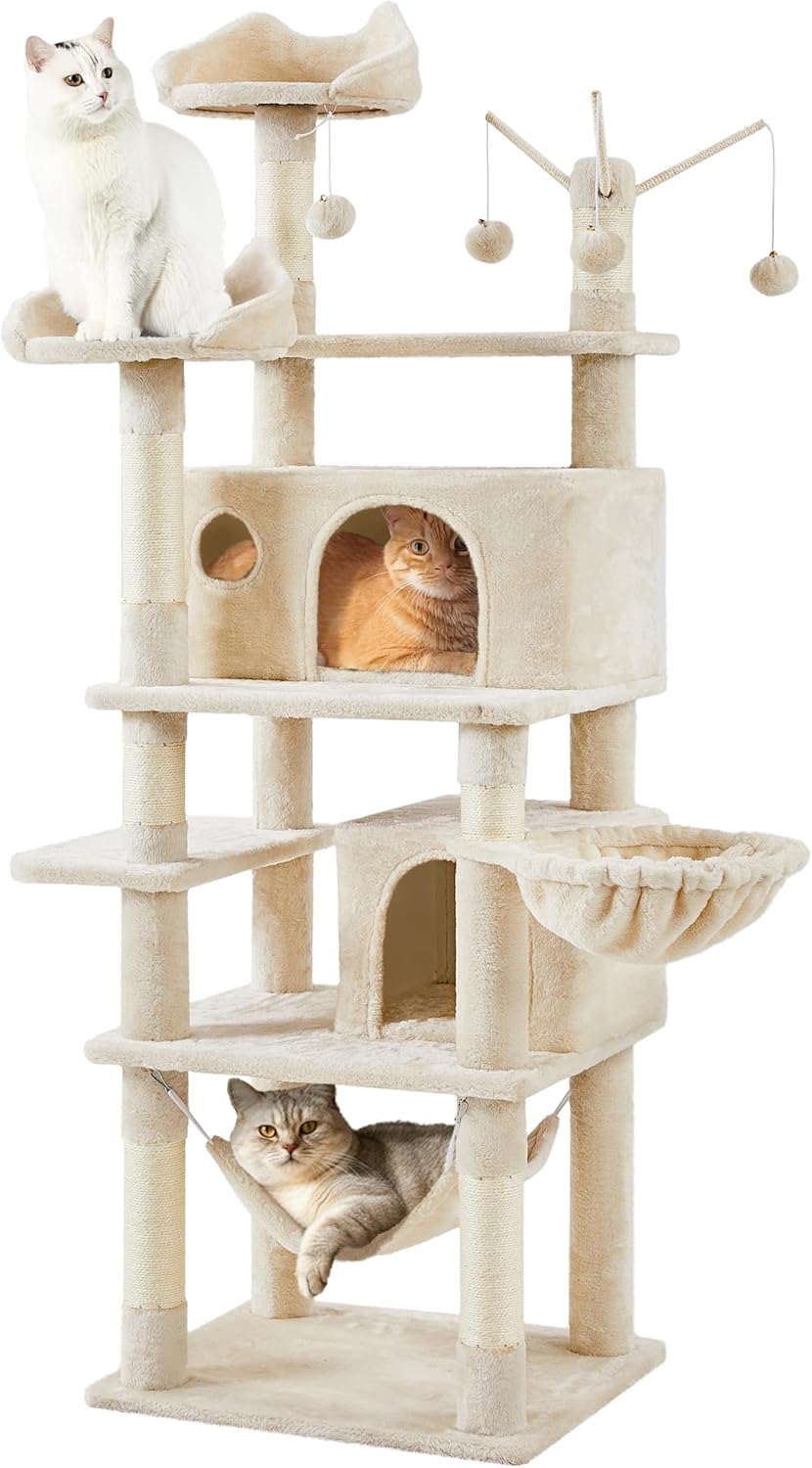 Cat Tree, 67in Large Tower w/ 3 Removable Teaser Sticks, 2 Kitten-Ear Shaped Perches, 2 Condos, Hammock, Scratching Post, Multi Level Pet House, Beige