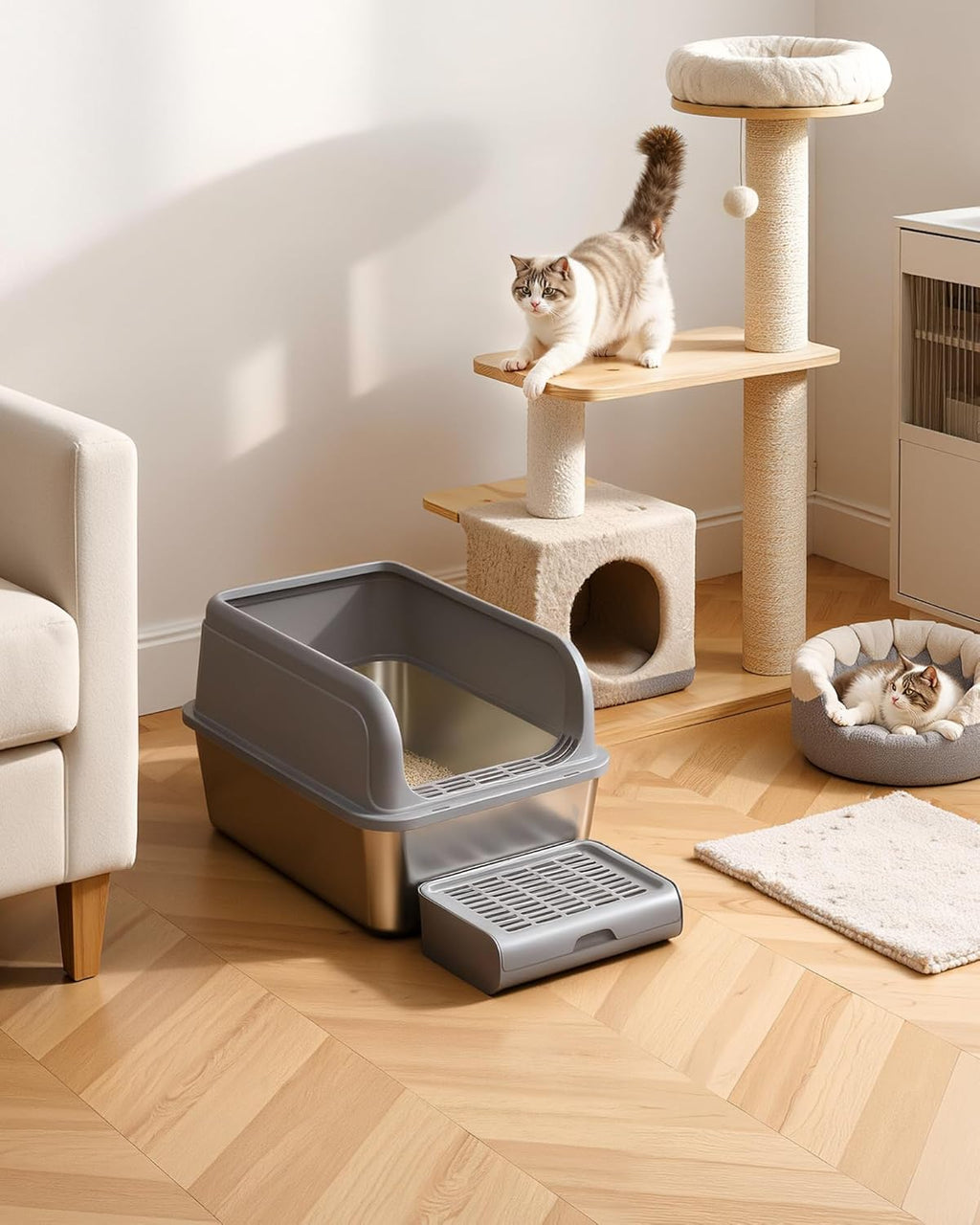 Cat Litter Box - Stainless Steel Litter Box with Scatter-Proof Elevated Step Board for Kitty Use, Robust & Non-Sticky Metal Cat Box with Scoop, Grey