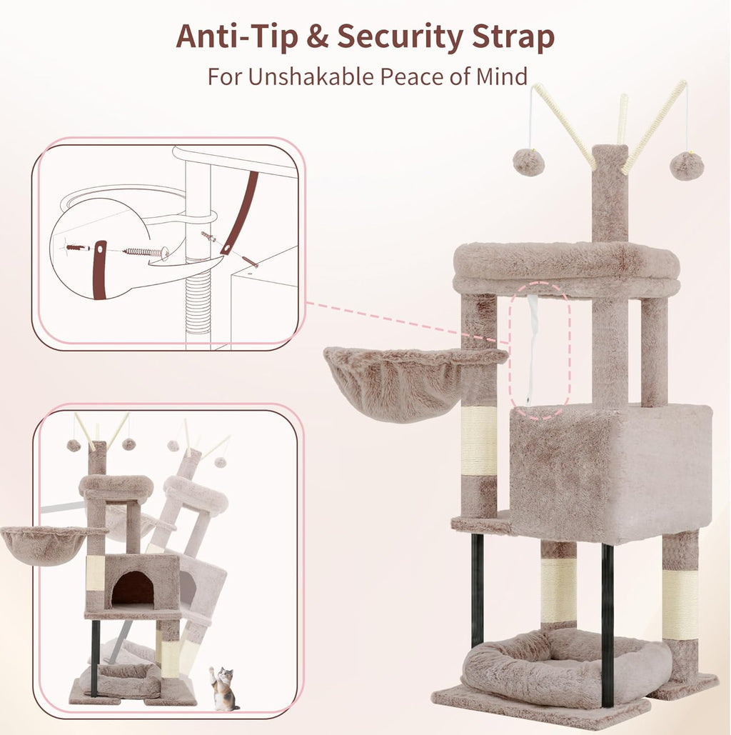 Cat Tree, 45.3-Inch Cat Tower for Indoor Cats with Large Perch, All-in-One Cat Furniture with Cozy Bed, Hidden Space Cat Condo, Comfy Hammock, Scratching Posts & 3 Pompoms, Muchroom