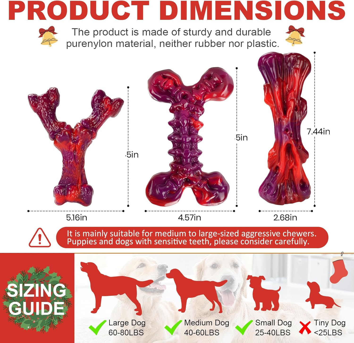 Indestructible Dog Toys for Aggressive Chewers 3-Pack: Tough Nylon Chew Toys for Medium & Large Dogs 25–80 lbs, Beef Flavor, Heavy-Duty Dog Chew Bone, Holiday Dog Gift (Red)