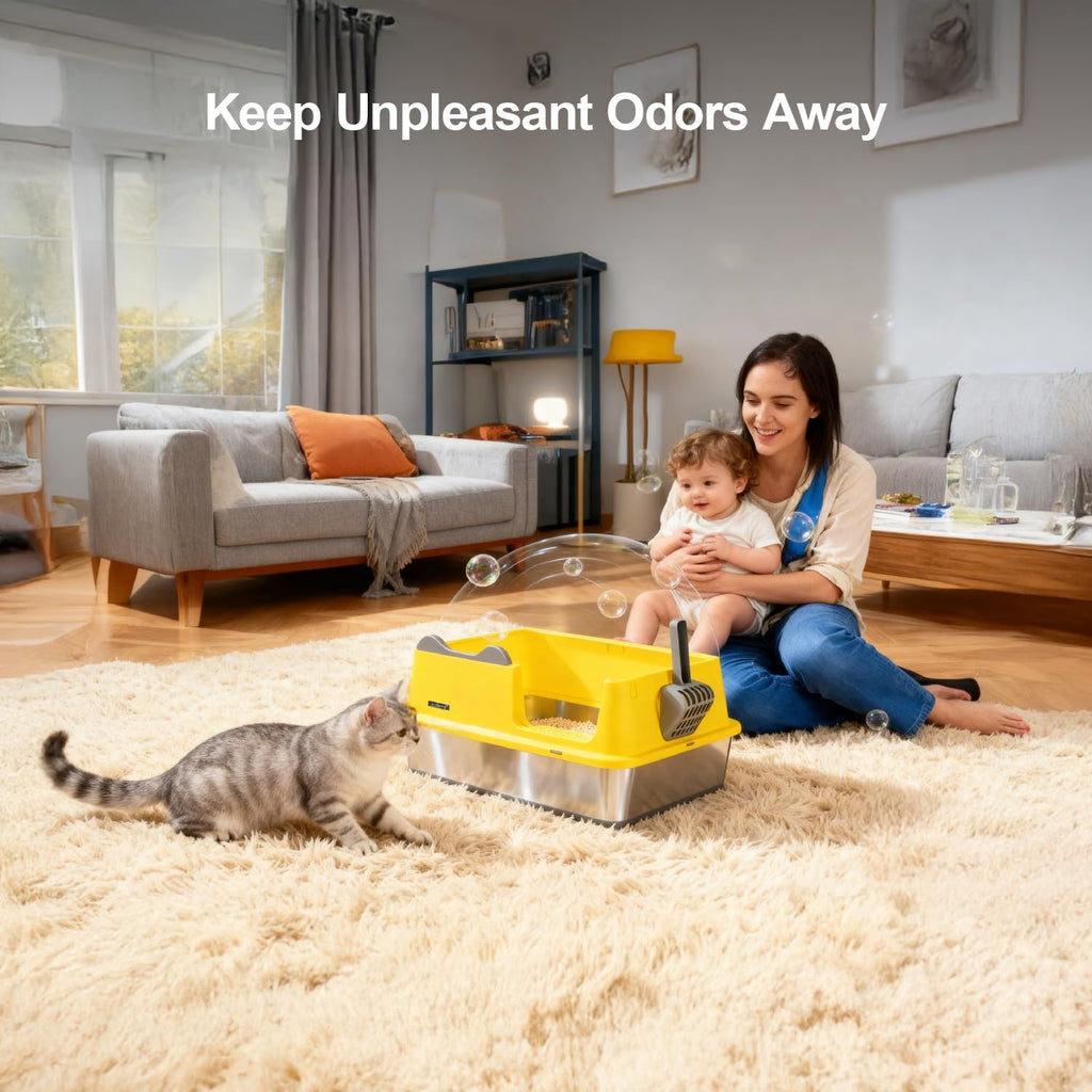 Cat Litter Box, Open Top High-Sided Metal Litter Box with Scoop, Extra Large Litter Boxes for Kitty Kitten and Big Cats, Anti-Urine Leakage, Non-Sticky, Easy to Clean (Yellow)