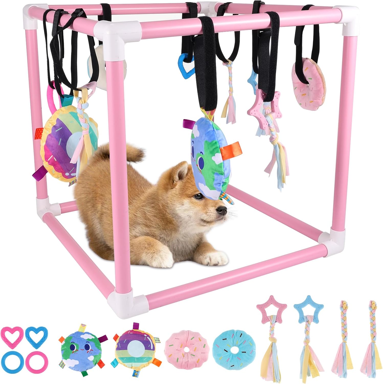 Puppy Play Gym with 10 Hanging Toys for Small Dogs Indoor Jungle Playground PVC Frame with Interactive Funny Enrichment Toys Dogs Activity Center Durable, Lightweight
