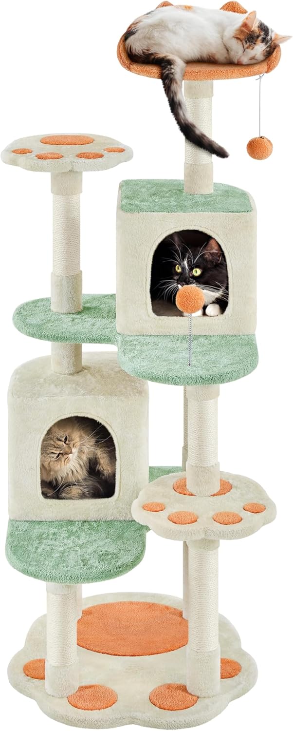 Cat Tree Tower, Multi-Functional Activity Center w/Cat Paw-Shaped Platform, Scratching Posts, 2 Condos and Dangling Balls for Indoor Cats to Relax